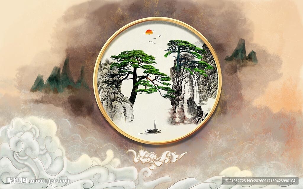 新中式迎客松背景墙