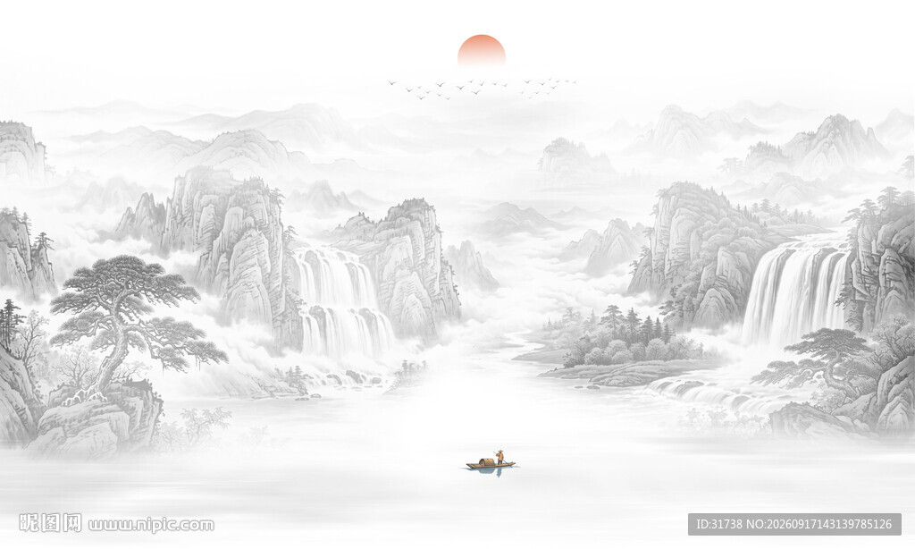 水墨流水生财山水背景墙