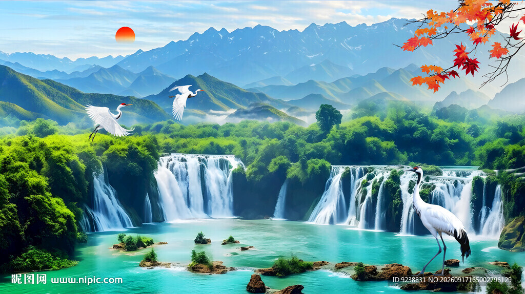 瀑布山水风景画