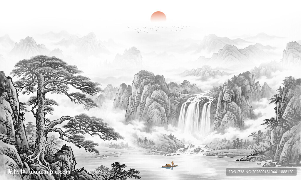 新中式水墨迎客松背景墙