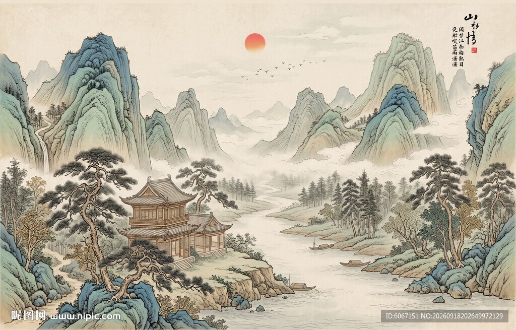 宋氏美学山水电视背景墙壁布墙纸