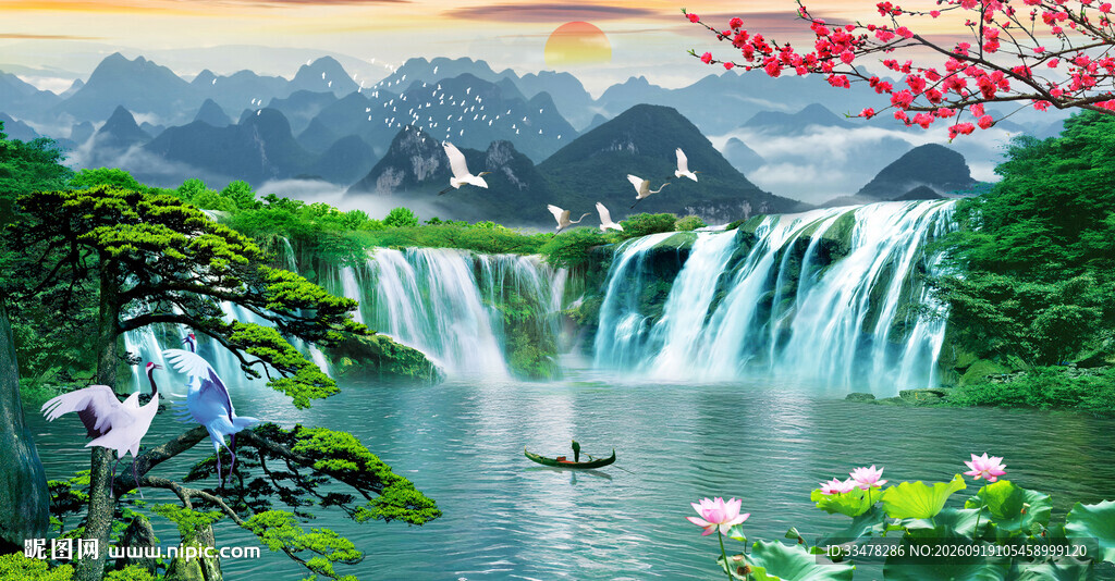 流水生财瀑布山水画