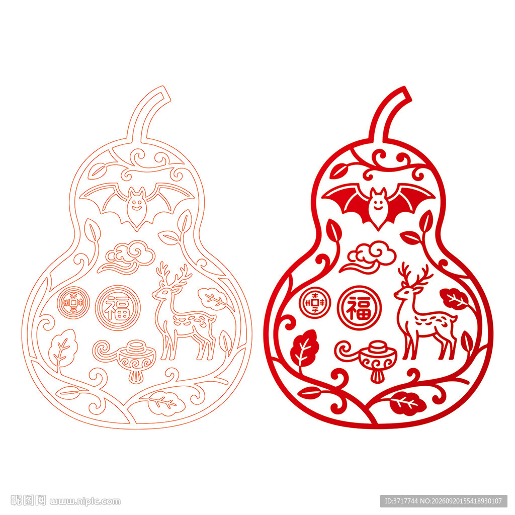传统葫芦剪纸图案设计线稿矢量图