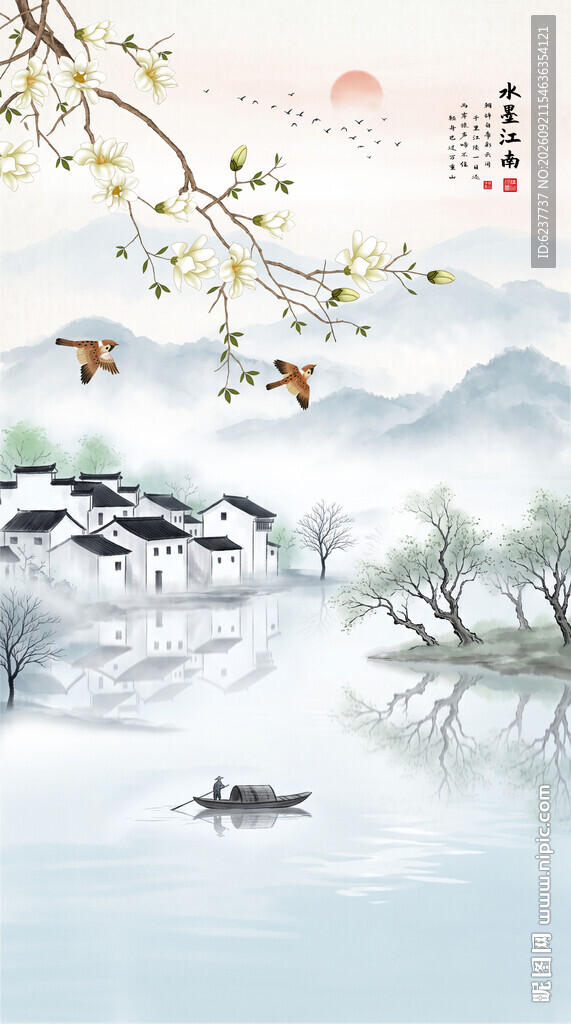 新中式玉兰花鸟画玄关装饰画
