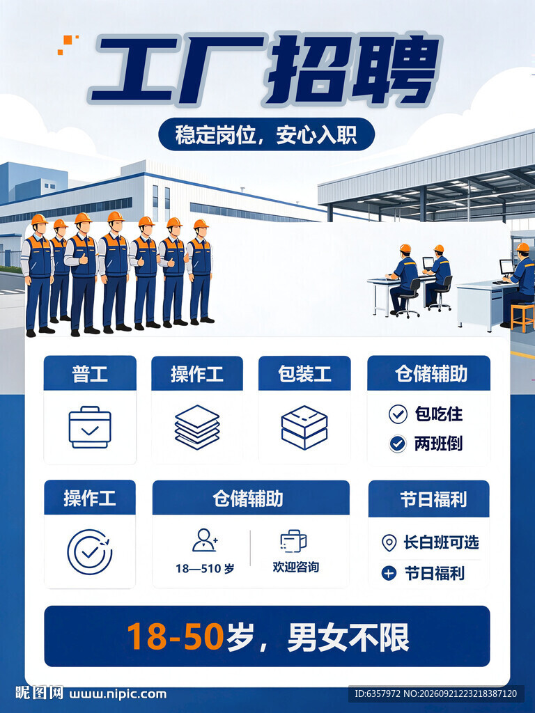 工厂招聘普工操作工包装工仓储辅