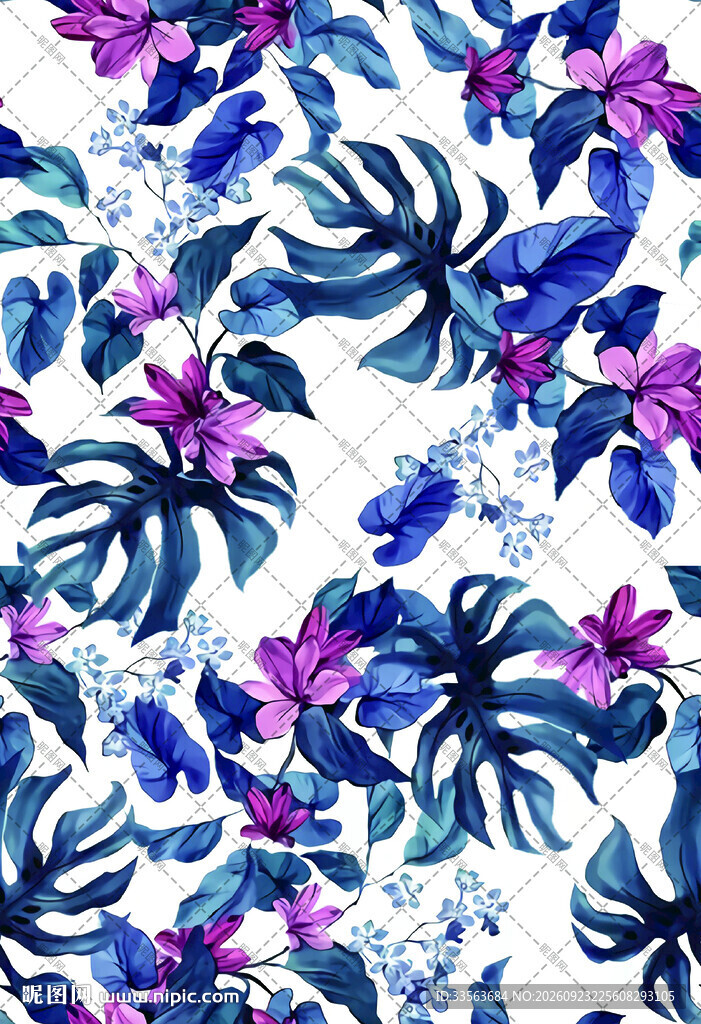 水彩蓝紫花叶无缝图案