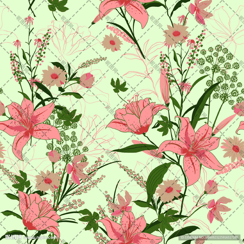 手绘粉百合花卉图案