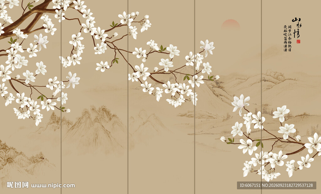 新中式工笔花鸟画电视背景墙