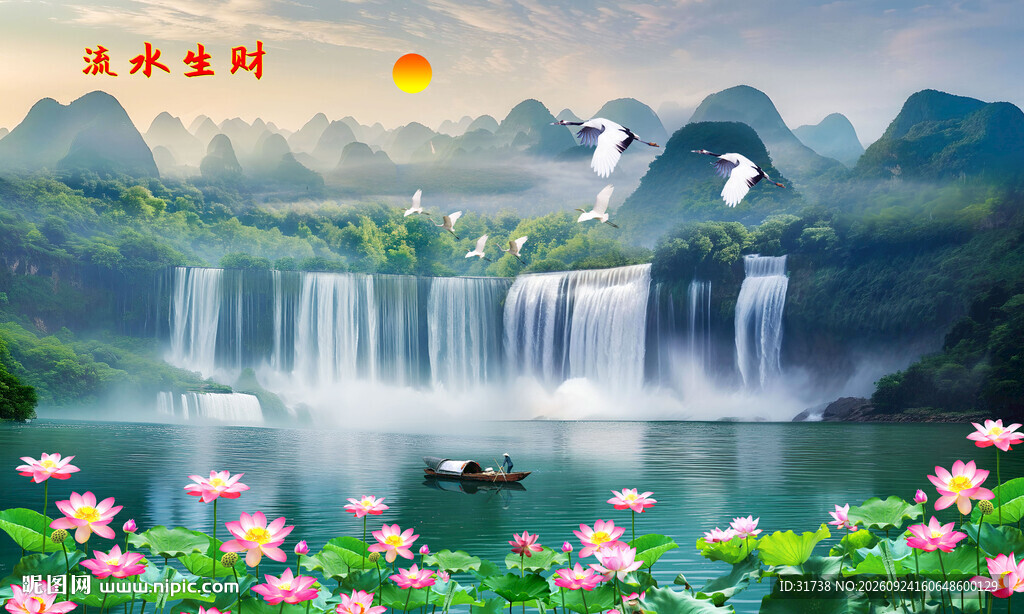 流水生财山水画