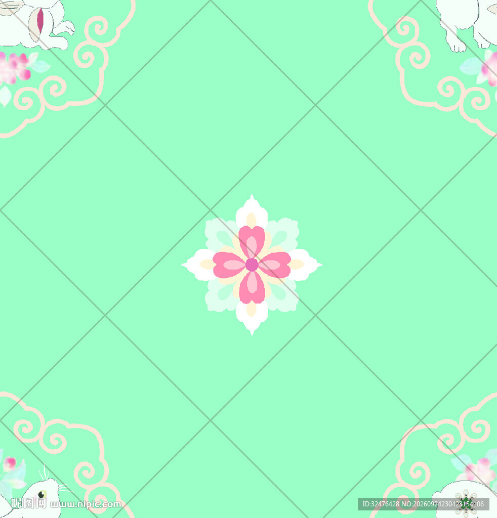 清新绿底国风花卉纹样