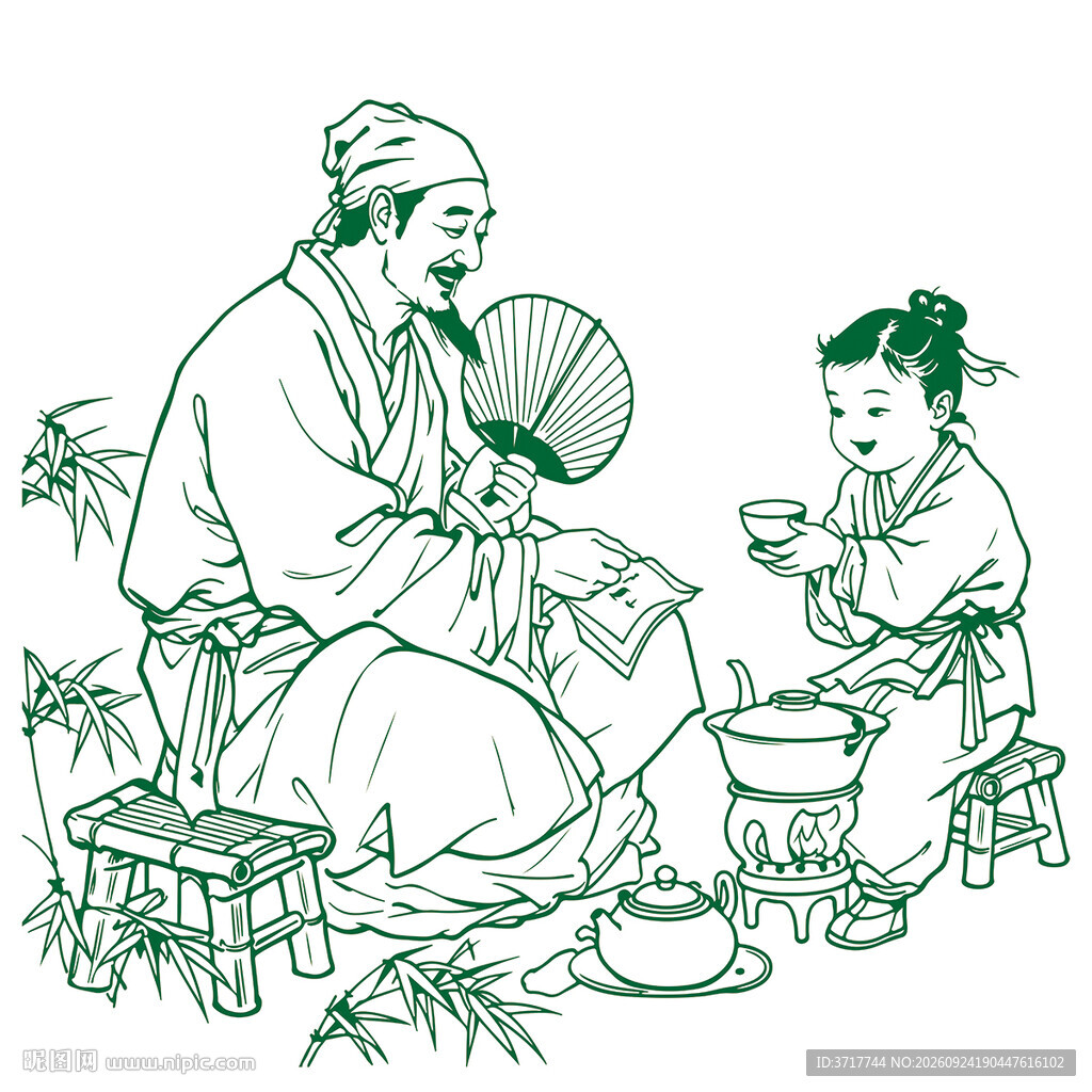 古风孝亲奉茶孩线描图煮茶矢量图