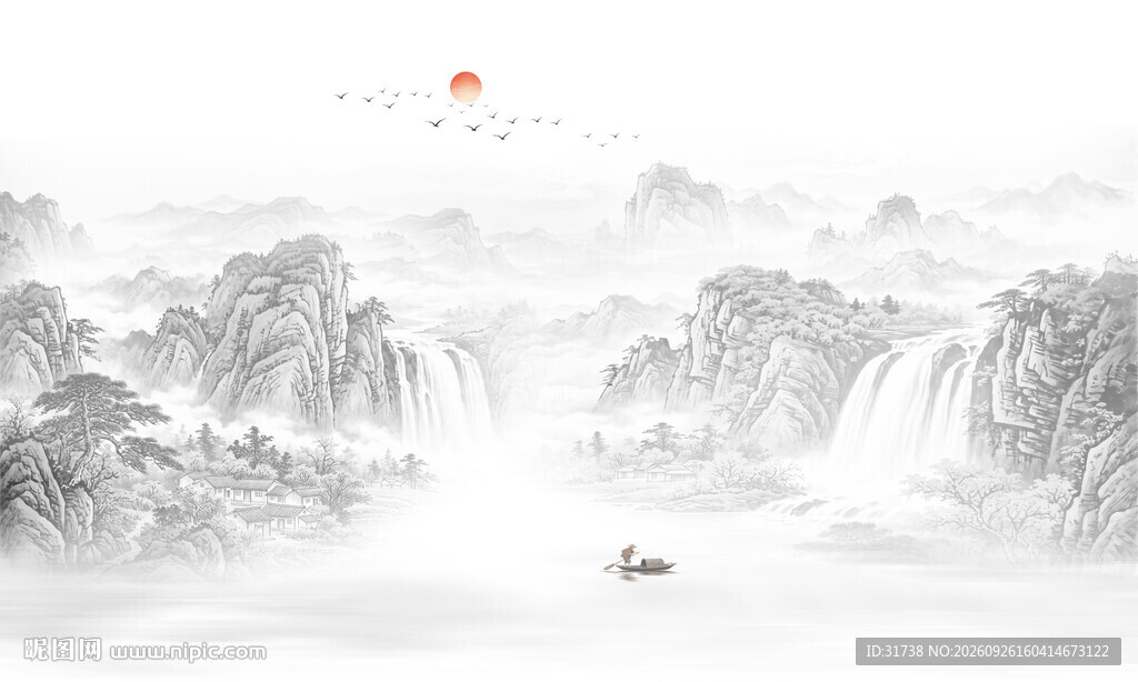 新中式水墨国画山水电视背景墙
