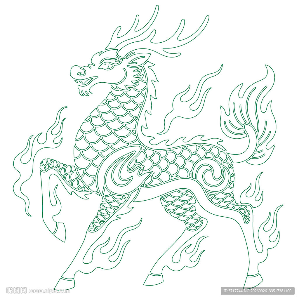 传统线描麒麟纹样火焰线稿矢量图