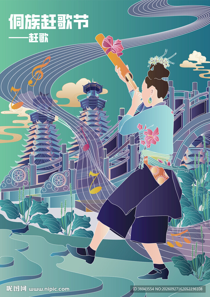 侗族赶歌节民俗插画