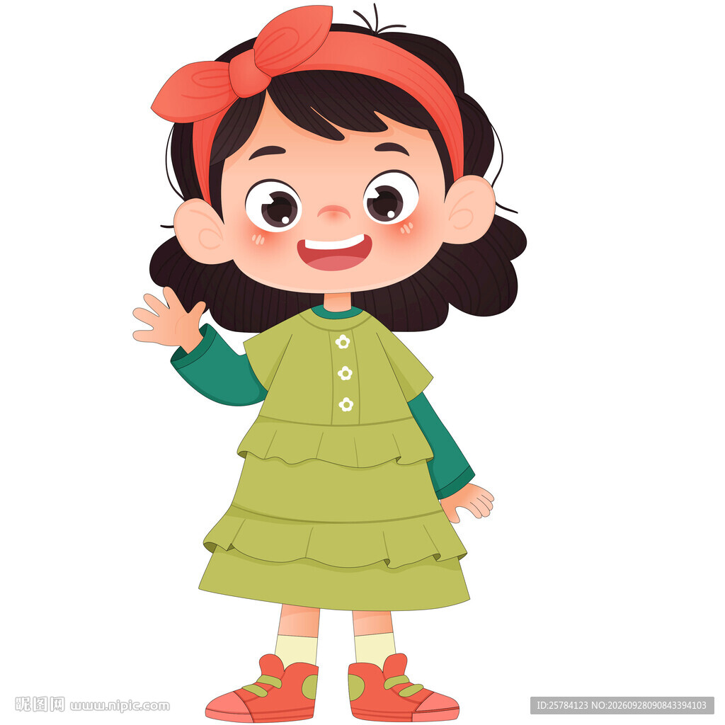 穿裙子打招呼可爱小女孩卡通插画