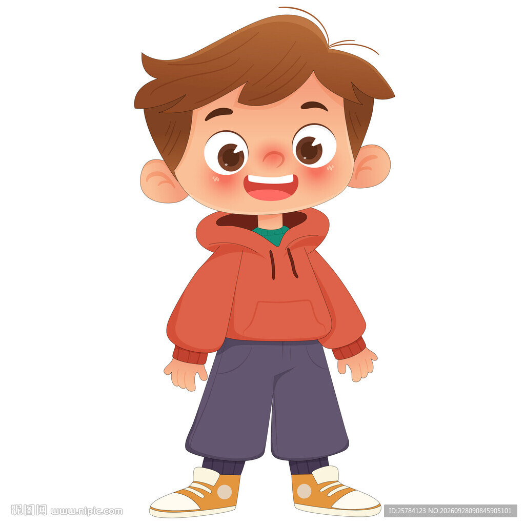 橙色连帽卫衣灯笼裤开朗男孩插画