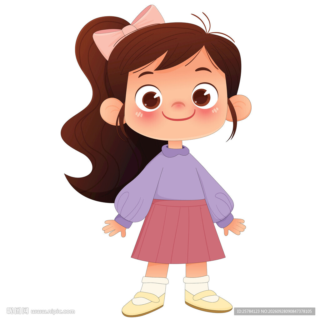 蝴蝶结长马尾紫色卫衣小女孩插画