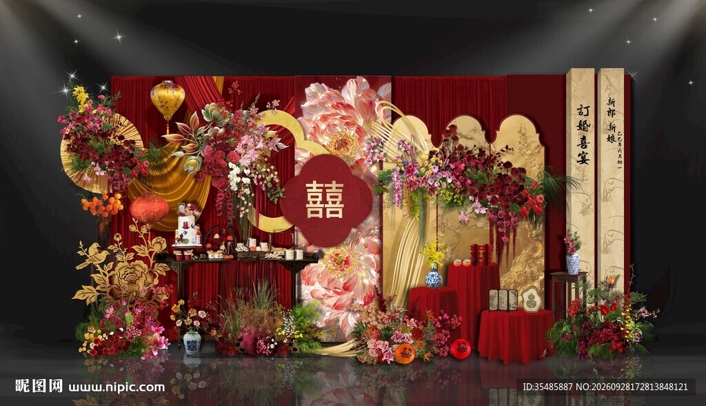 新中式红金婚礼迎宾背景