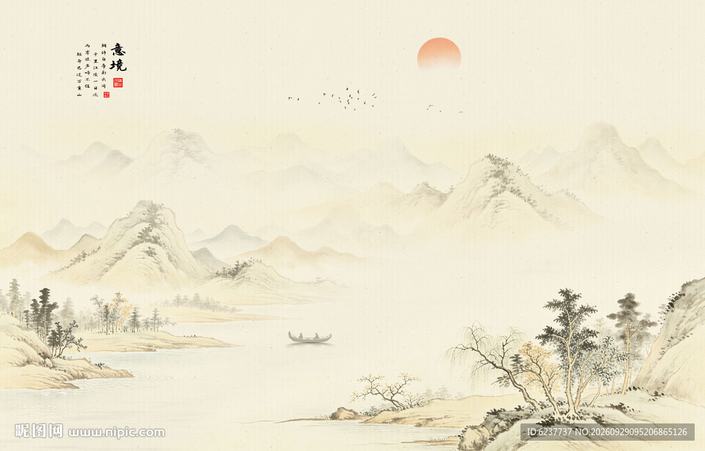 简约留白古风山水画背景墙