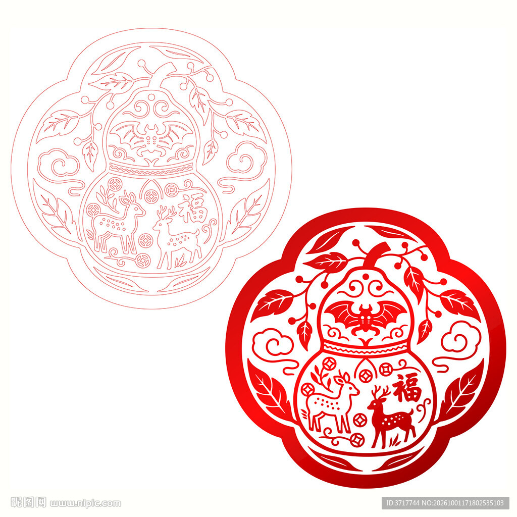 福禄吉祥剪纸纹样线稿矢量图