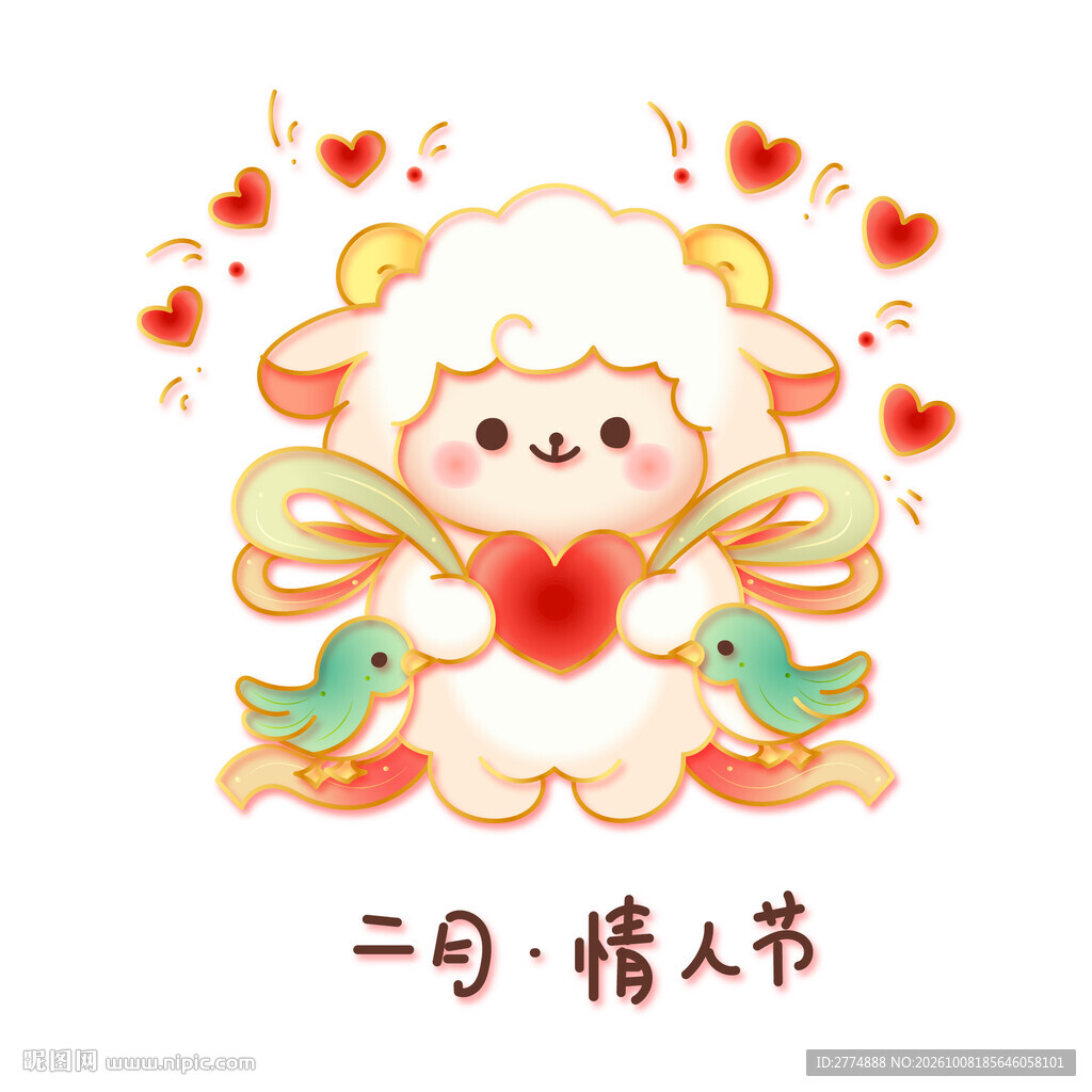 国潮金线矢量二月情人节可爱小羊