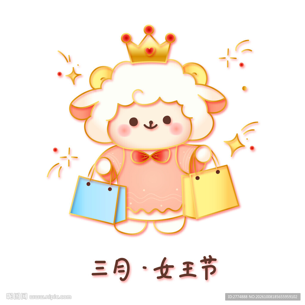 国潮金线矢量三月女王节可爱小羊