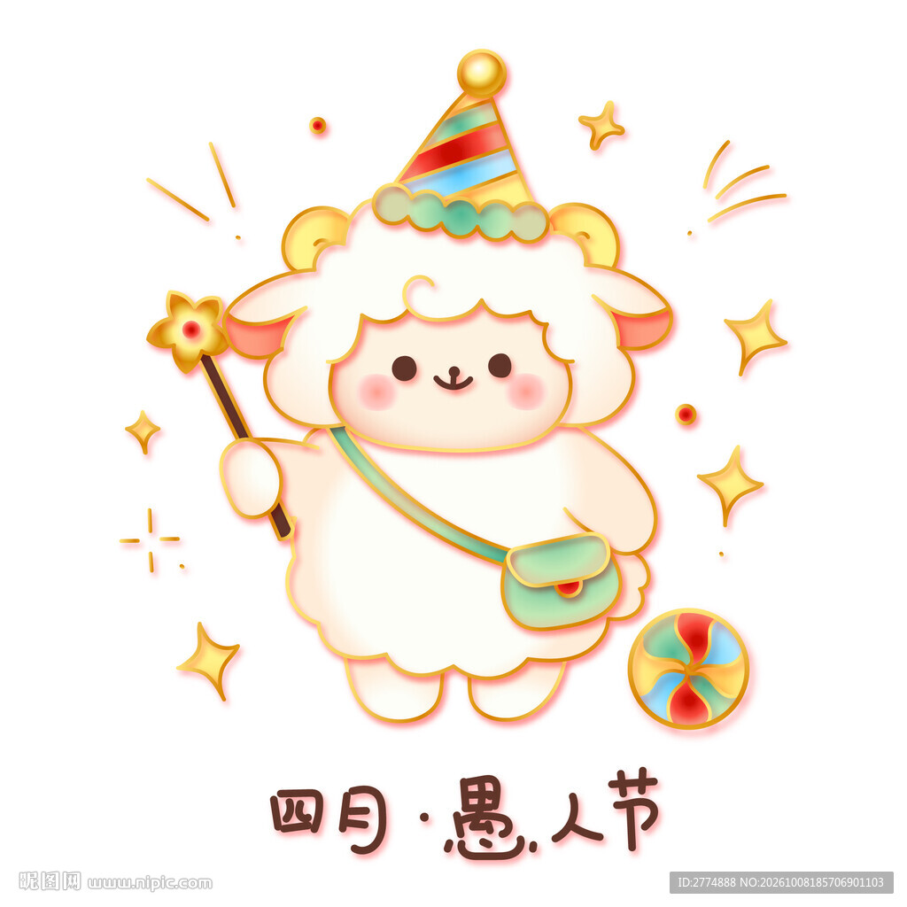 国潮金线矢量四月愚人节可爱小羊