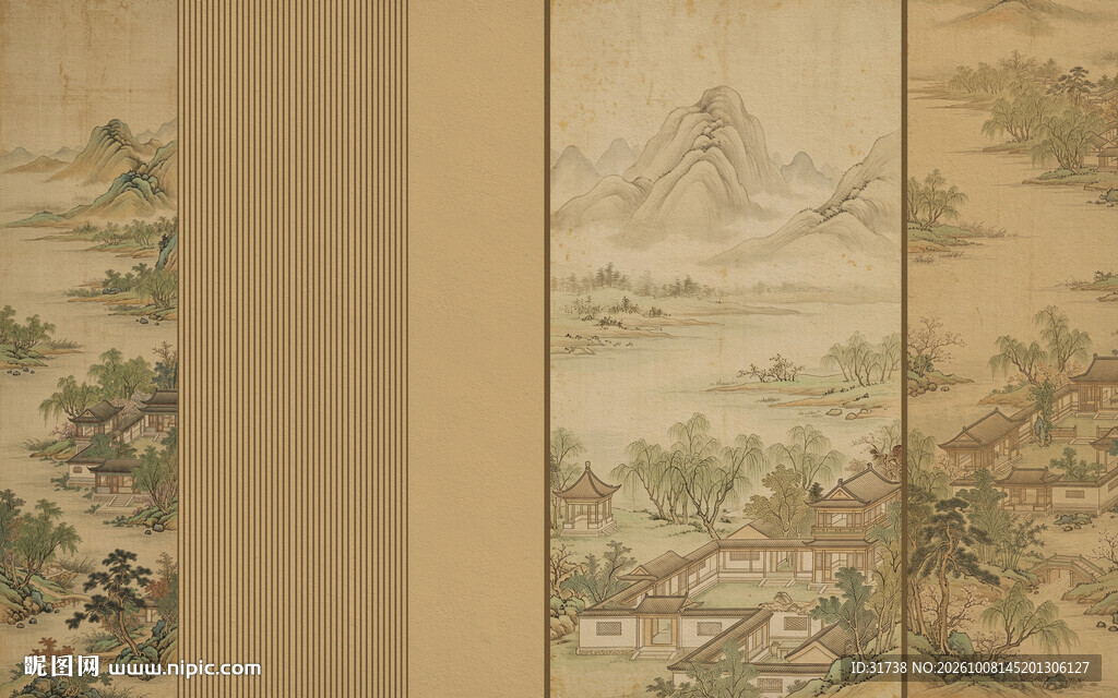 中式床头古风宋式美学山水画壁画