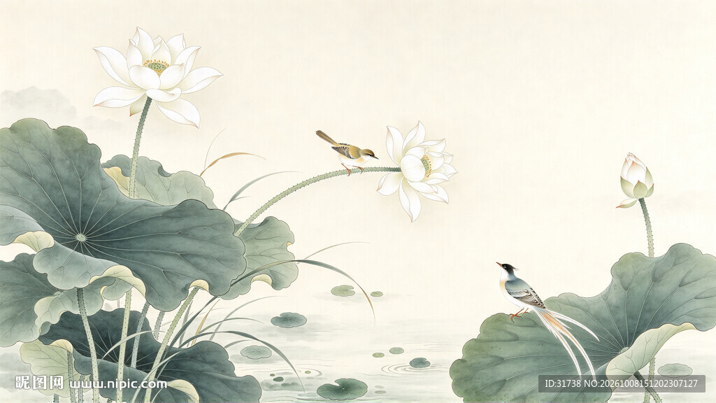 工笔画荷花背景墙画