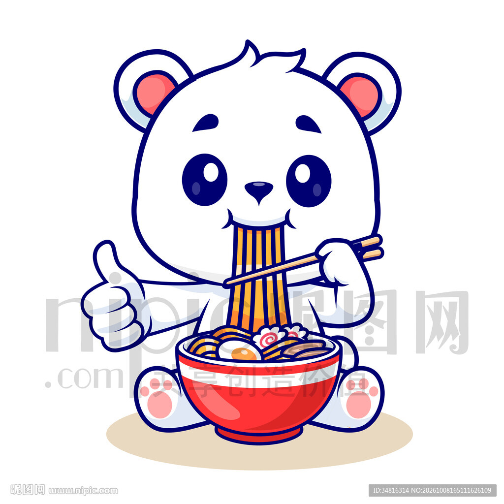 可爱小熊吃面条卡通插画