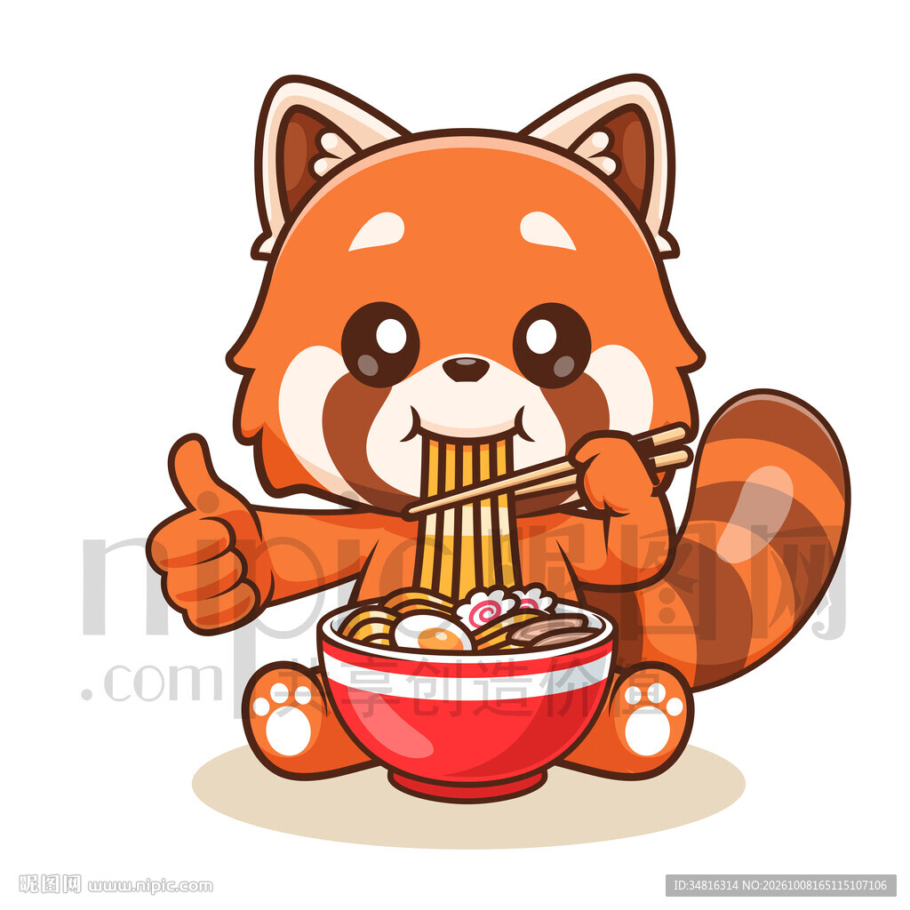小熊猫吃拉面卡通插画