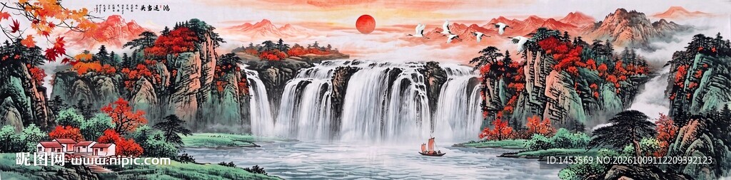 旭日东升瀑布山水画