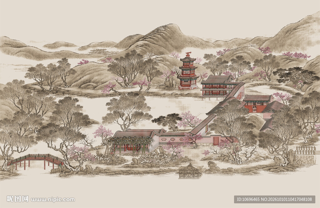 新中式线描山水背景墙
