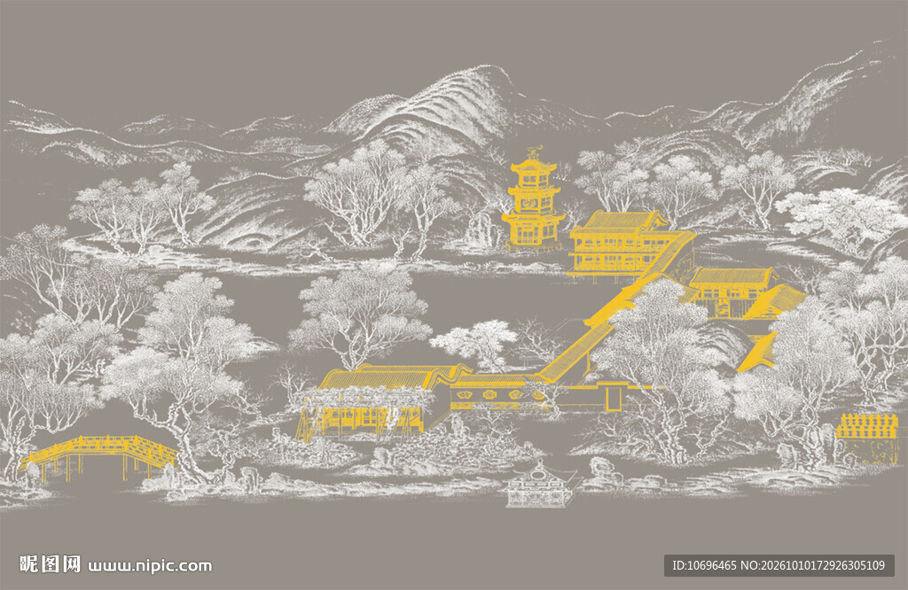 新中式线条山水古建筑背景墙