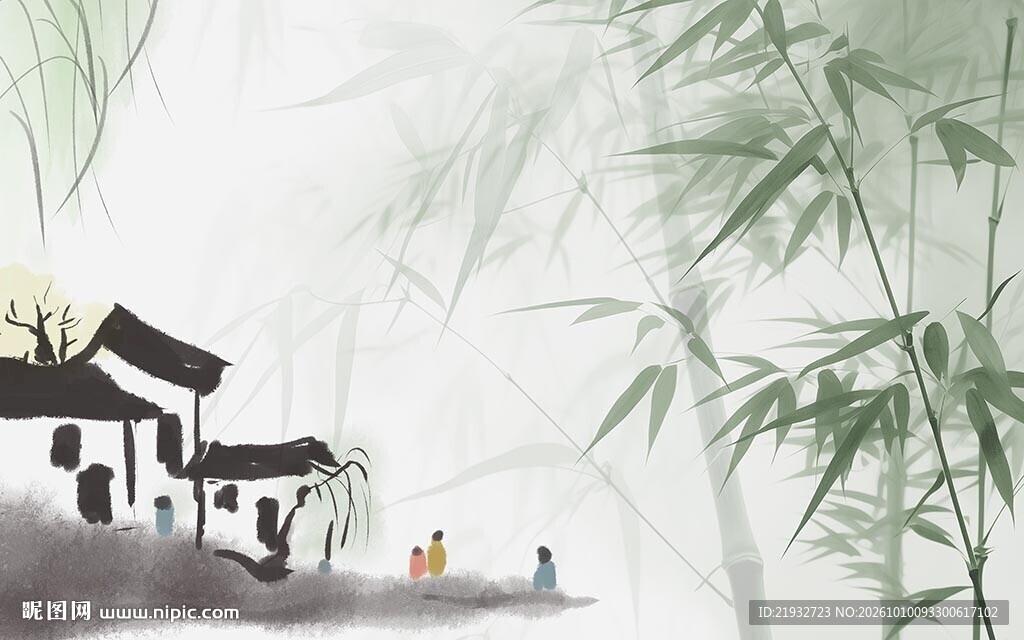 新中式绿竹房子背景墙