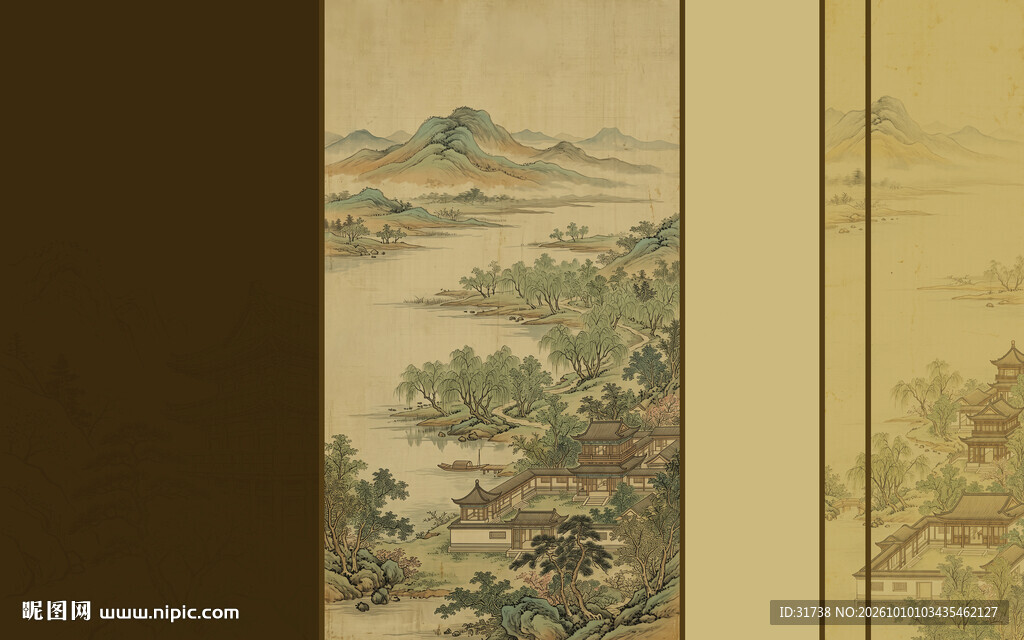 新中式宋式美学山水画电视形象墙