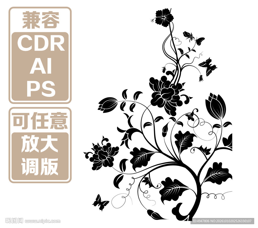 黑白复古花藤装饰纹样 矢量图