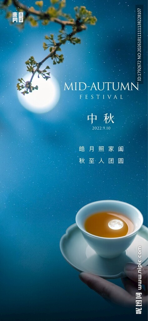 秋分月夜茶饮意境海报