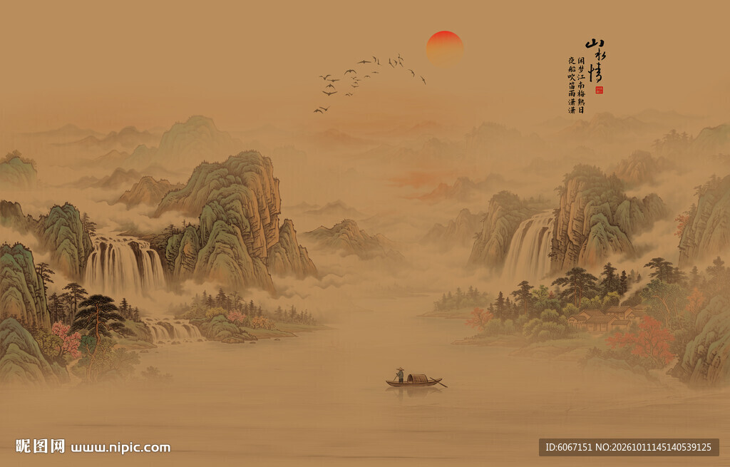 新中式古画古风背景山水画壁画