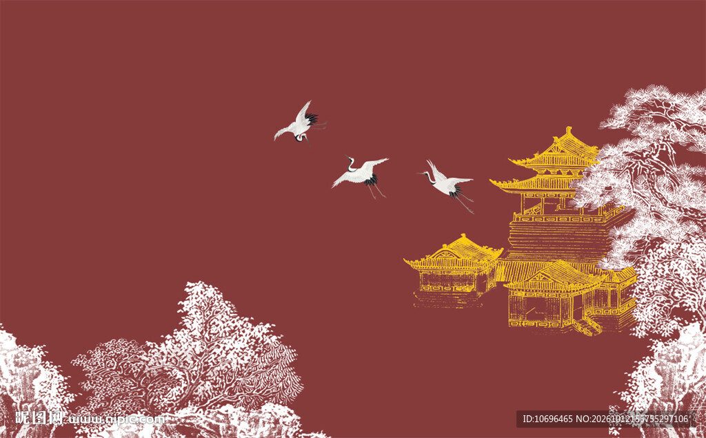 线稿阁楼飞鹤 松树背景墙