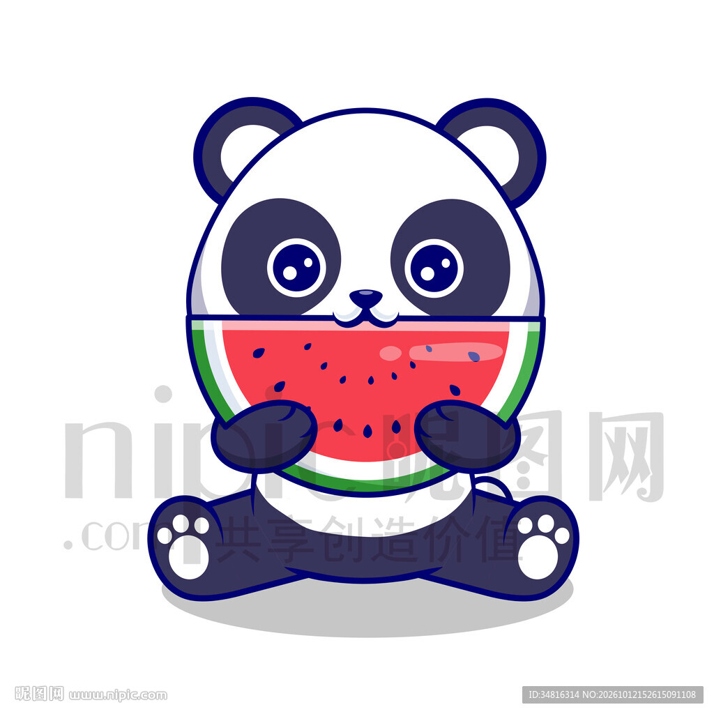 可爱熊猫吃西瓜插画
