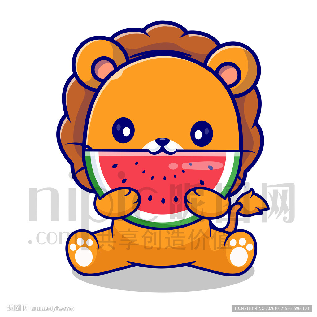 卡通小狮子吃西瓜