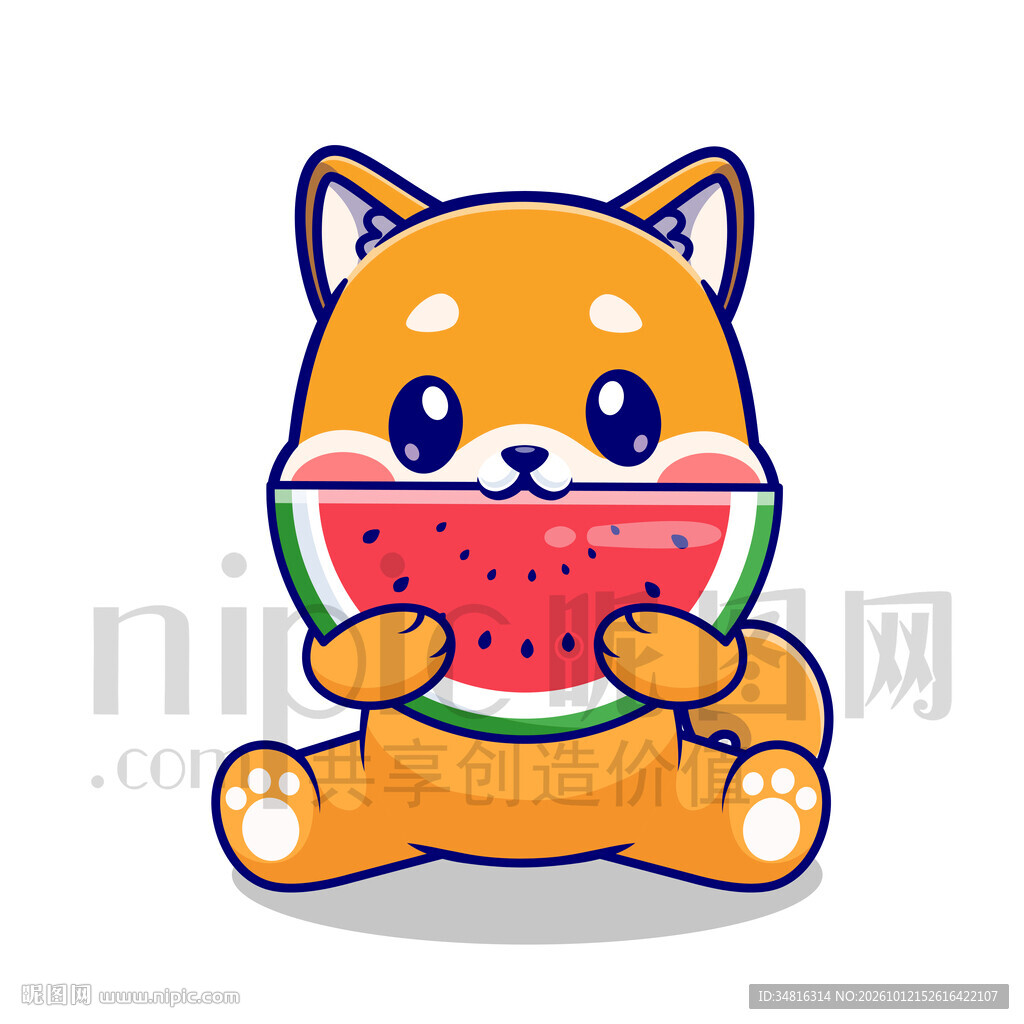 卡通柴犬吃西瓜