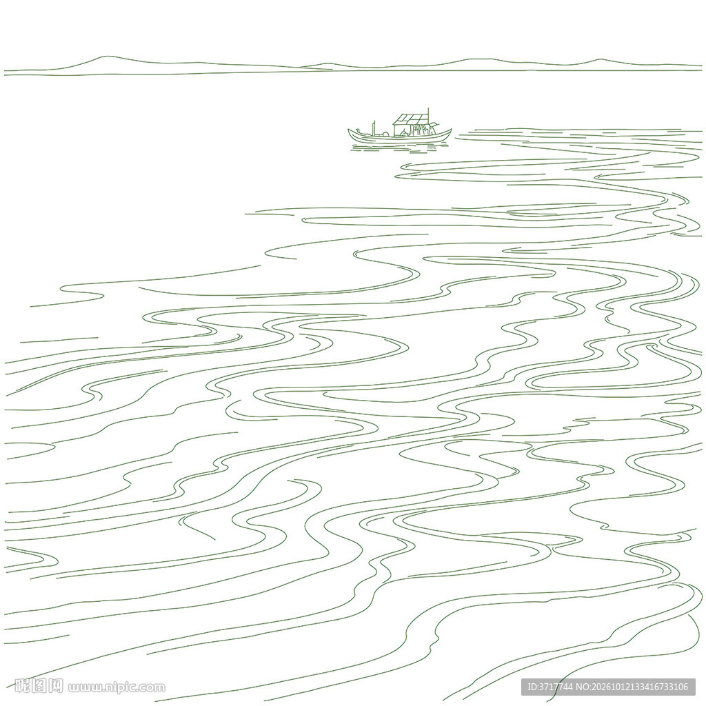 海上滩涂水面波纹孤舟线稿矢量图