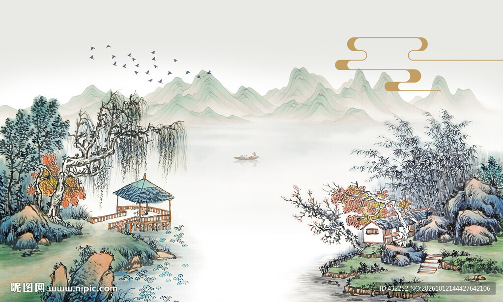 水墨江南山水村居图
