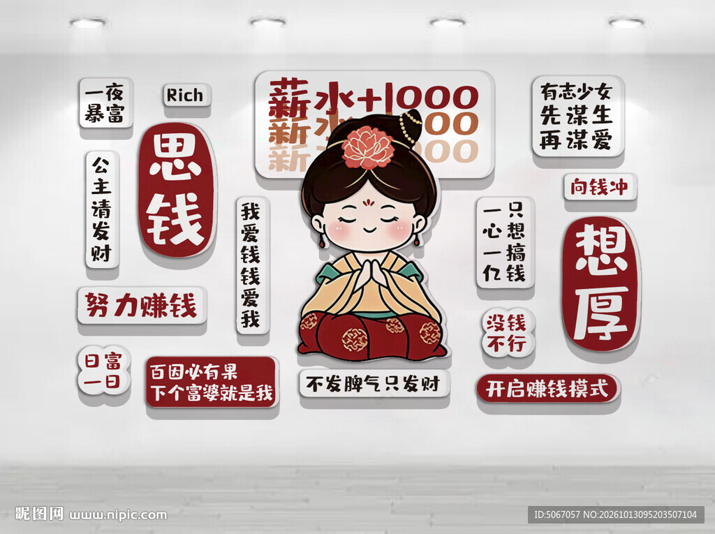 Q版唐仕女搞钱励志文化墙
