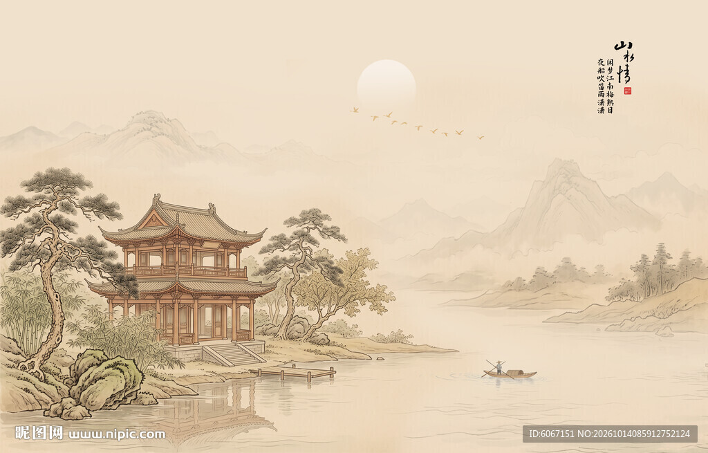 新中式屏风阁楼水墨山水画背景墙