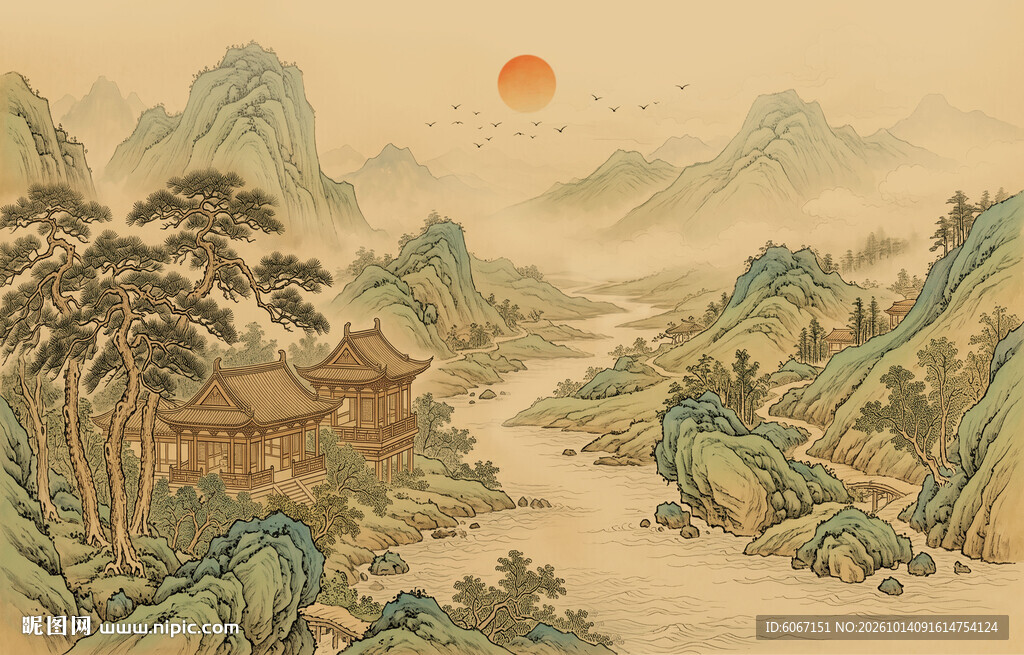 新中式古画水电视背景墙壁布墙纸