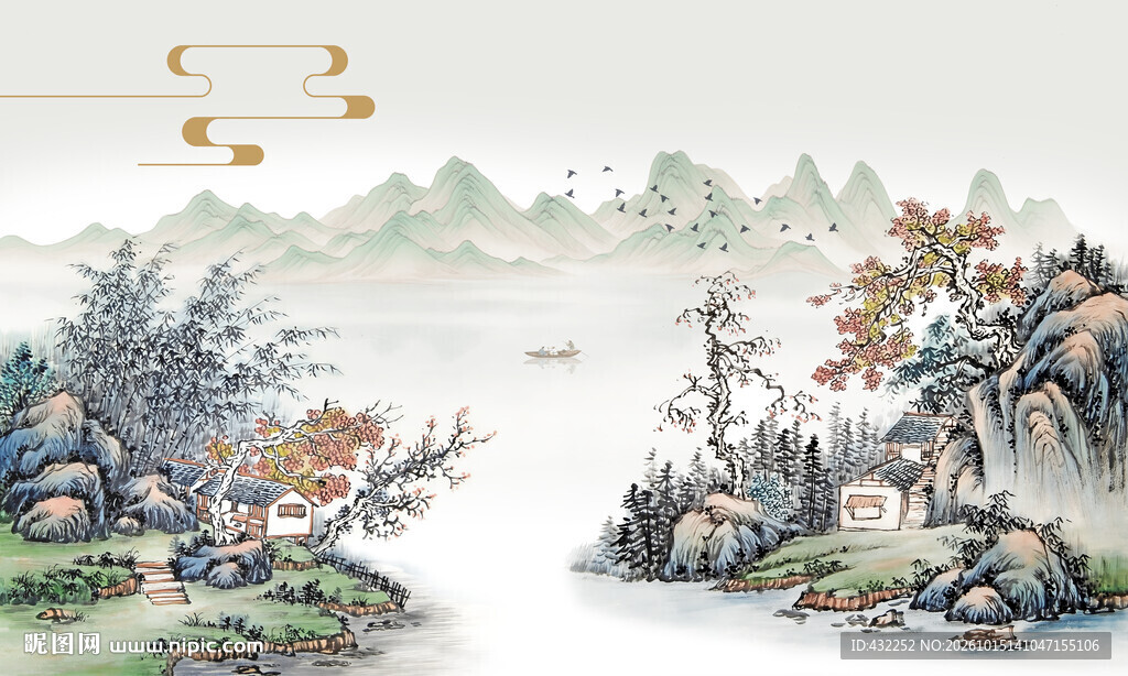 水墨江南山水村居图