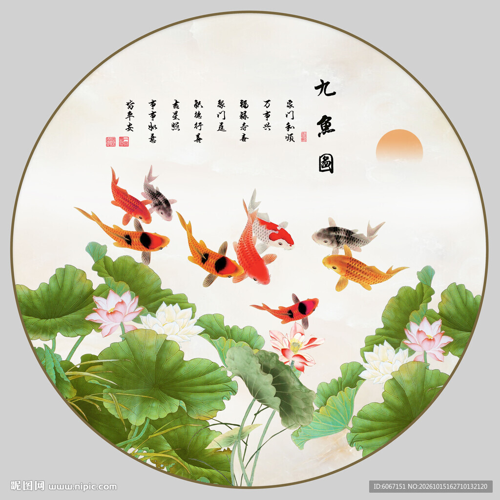 荷花九鱼图